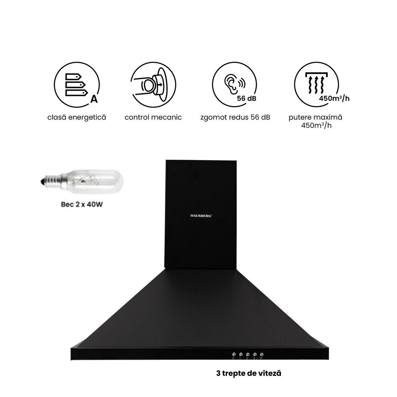 Hota incorporabila decorativa Hausberg HB-1260NG, 60 cm, putere de absorbtie 400 m?/h