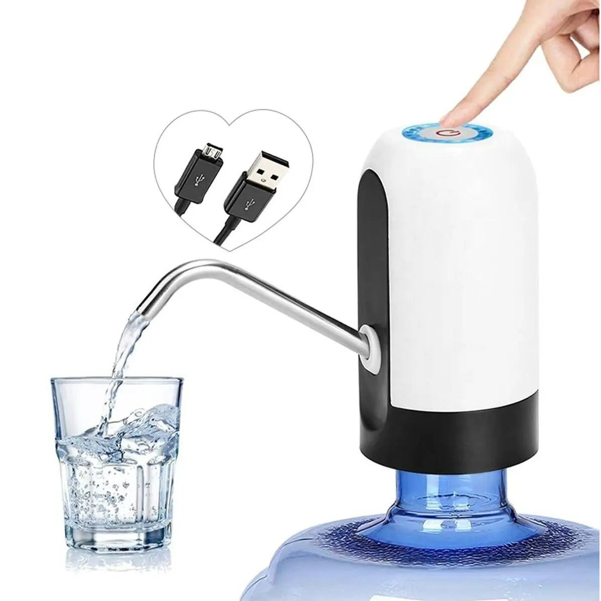 Dispozitiv electric reincarcabil de pompare apa HAUSBERG HB-2605, otel inoxidabil si plastic, pentru sticle PET de 10L, buton ON/OFF, baterie incorporata, USB