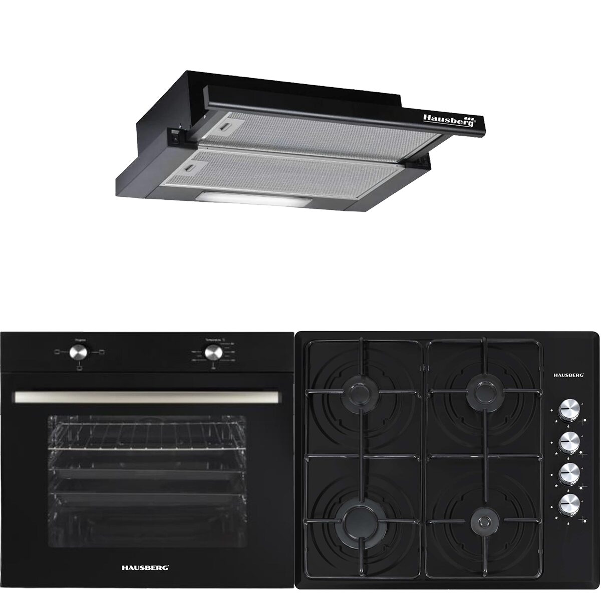 Pachet incorporabil Hausberg HB-8051NG- Electric- 2000 W- 76 l- 4 Functii- Clasa A- Plita incorporabila HB-558NG- Gaz- 3 arzatoare standard- 1 arzator wok- emailat- Hota telescopica Hausberg HB-1285NG- absorbtie 420 m3/h- 2 motoare- 60 cm- Negru