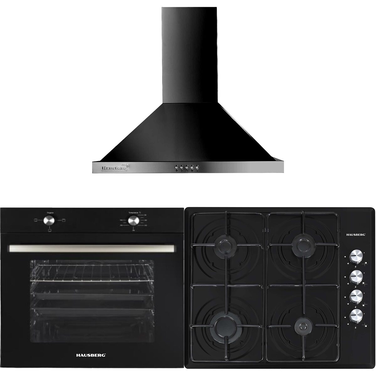 Pachet incorporabil Hausberg HB-8051NG- Electric- 2000 W- 76 l- 4 Functii- Clasa A- Plita incorporabila HB-558NG- Gaz- 3 arzatoare standard- 1 arzator wok- emailat- Hota decorativa Hausberg HB-1260NG- absorbtie 400 m3/h- 1 motor- 60 cm- Negru