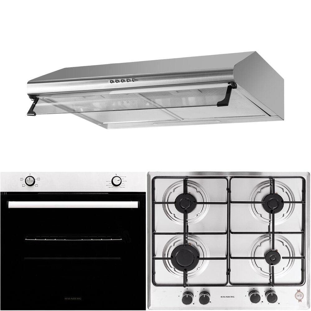 Pachet incorporabil Cuptor electric Hausberg HB-8051IN- Clasa A- 76L- 2000W- Negru/Inox- Plita Incorporabila HB-555- 4 arzatoare- Gaz- Inox- Hota incorporabila decorativa HB-1220- Putere de absorbtie 450 m3/h- 2 motoare- 60 cm- Inox