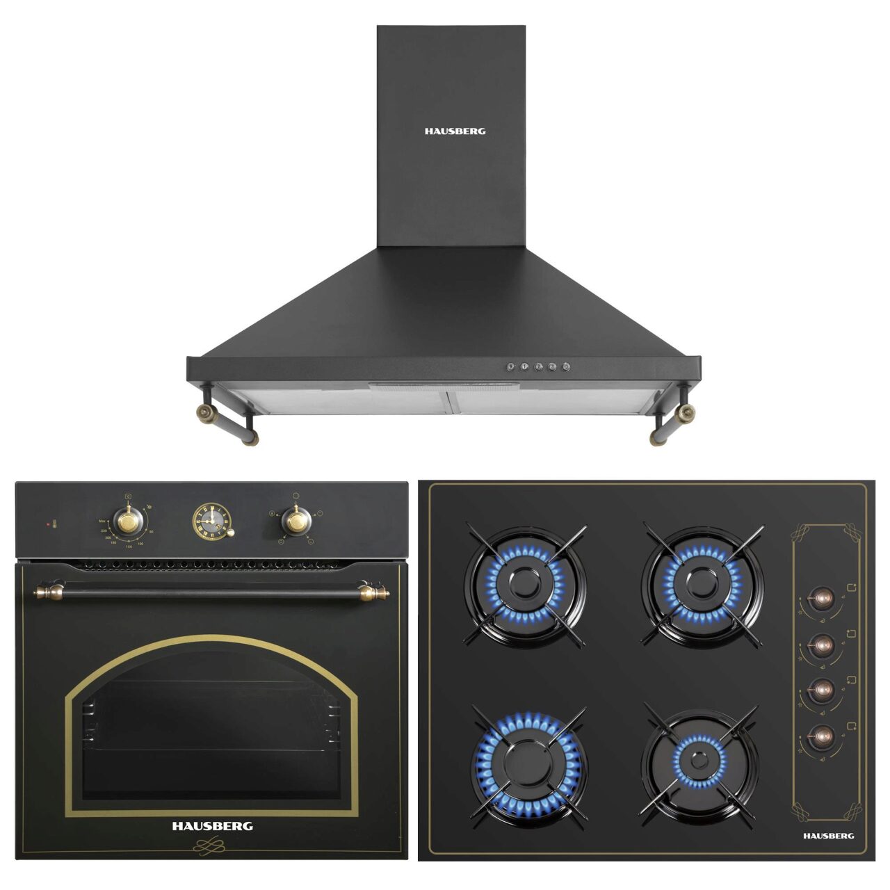 Pachet Incorporabil Rustic Cuptor Hausberg HB-8055RST- 57L- putere 2000W- Plita Incorporabila Hausberg HB-575RST- 4 arzatoare- Gaz- 60 cm- Hota decorativa Hausberg HB-1505RST- Putere absorbtie 450 m3/h- 1 motor- 60 cm otel inoxidabil- Negru Rustic