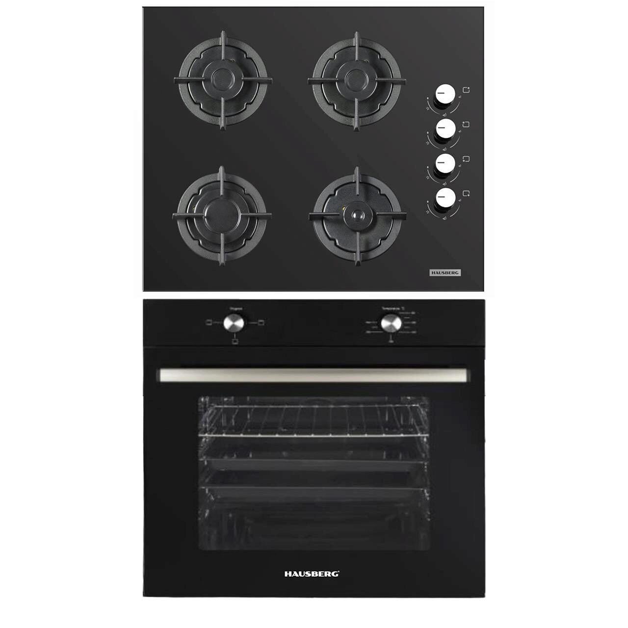 Pachet Incorporabil Cuptor electric Hausberg HB-8051NG- Clasa A- 76L- 2000W- Negru- Plita incorporabila HB-567NG- Gaz- 4 arzatoare- Sistem de siguranta GAZ- Gratar din fonta- Material Sticla- Negru
