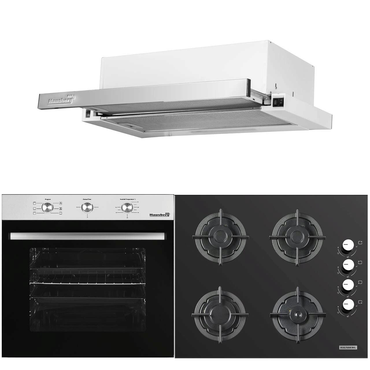 Pachet Cuptor electric Incorporabil Hausberg HB-8053IN- Clasa A- 71L- 2225W- Negru/Inox- Plita incorporabila HB-567NG- Gaz- 4 arzatoare- fonta- Sticla- Hota incorporabila telescopica HB-1285IN- Putere de absorbtie 420 m3/h- 2 motoare- 60 cm- Alb