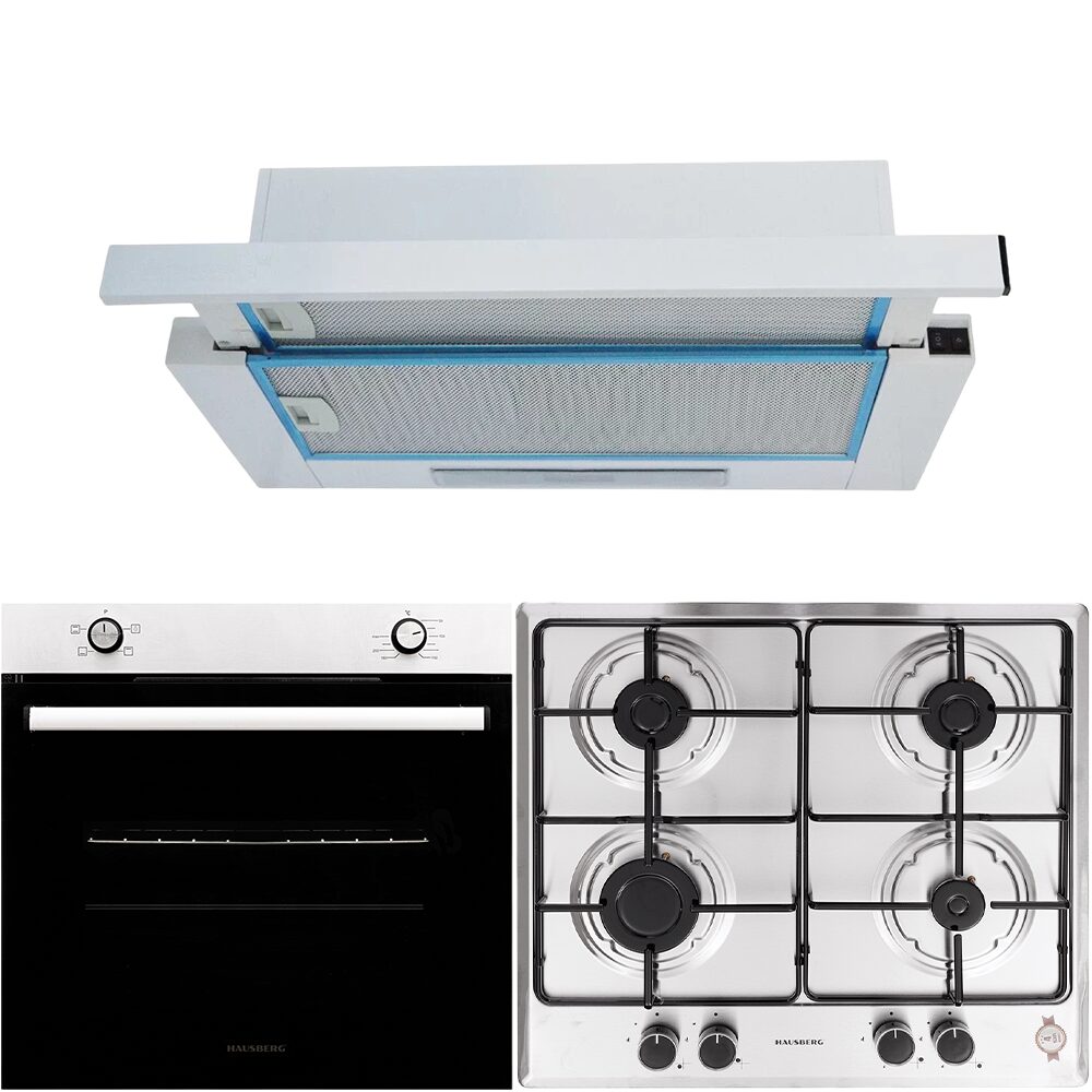 Pachet incorporabil Cuptor electric Hausberg HB-8051IN- Clasa A- 76L- 2000W- Negru/Inox Plita Incorporabila HB-555- 4 arzatoare- Gaz- Inox Hota incorporabila telescopica HB-1280- Putere de absorbtie 280 m3/h- 1 motor- 60 cm- Alb