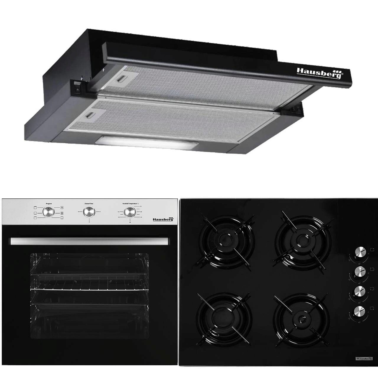 Pachet Incorporabil Cuptor electric Hausberg HB-8053IN- 71L- Negru/Inox- Plita Incorporabila HB-563NG- Gaz- Sticla- Negru- Hota incorporabila telescopica HB-1285NG- 420 m3/h- 2 motoare
