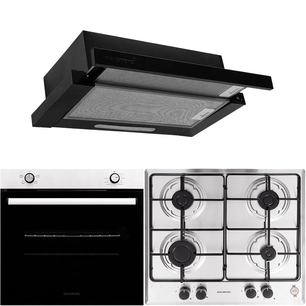 Pachet incorporabil Hausberg Cuptor electric HB-8051IN- 76L- 2000W- Plita HB-555- 4 arzatoare- Hota HB-1285NG- Putere 420 m3/h- negru