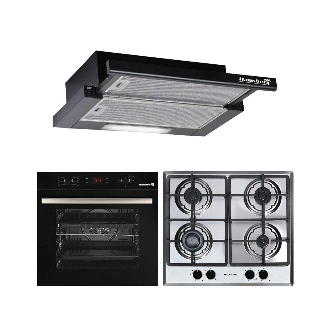 Pachet Incorporabil Cuptor electric Hausberg HB-8054- Plita Incorporabila HB-555- 4 arzatoare- Hota incorporabila  HB-1285NG- Putere de absorbtie 420 m3/h-Negru