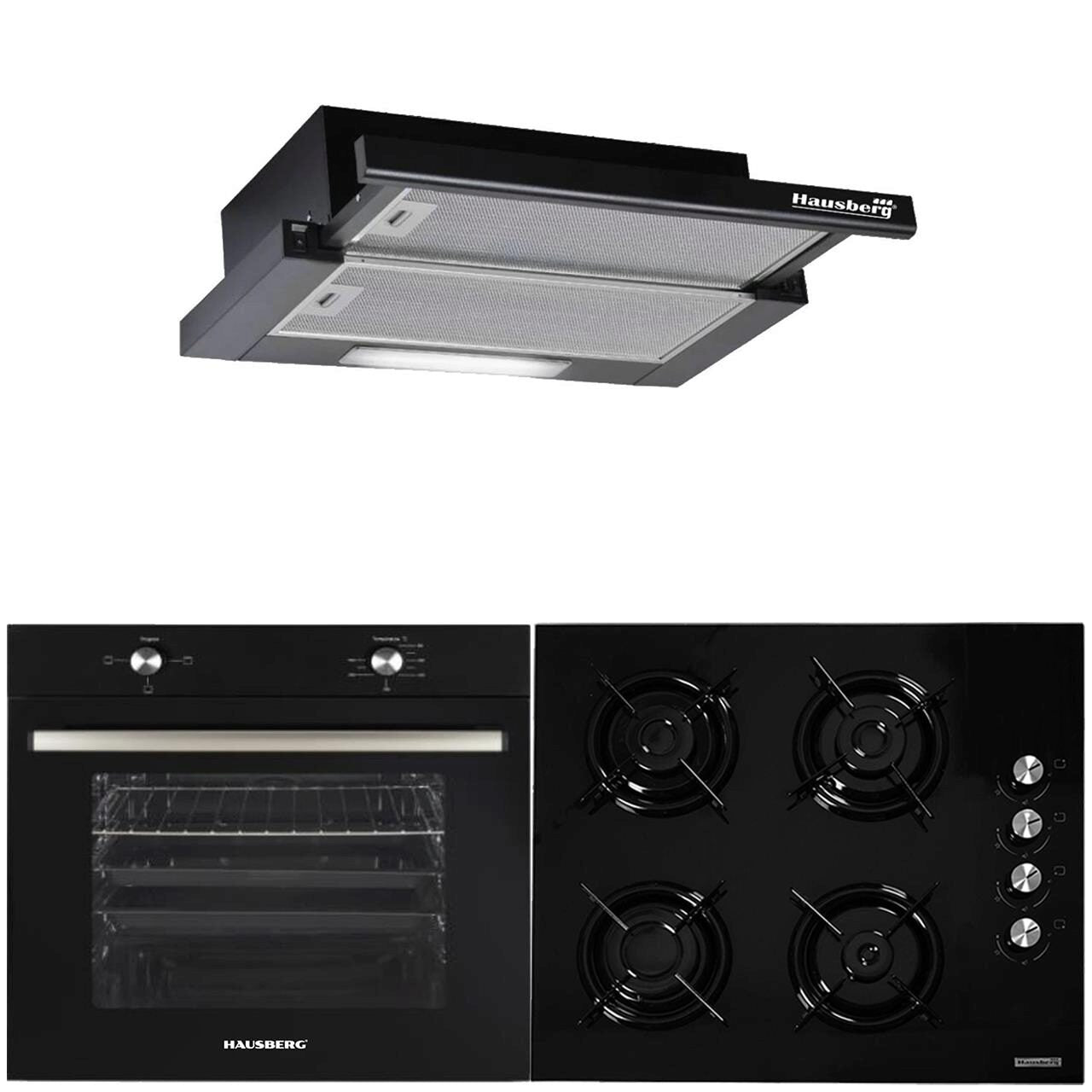 Pachet Incorporabil Hausberg Cuptor electric HB-8051NG- Clasa A- 76L- 2000W- Negru/Inox- Plita Incorporabila HB-563NG- 4 arzatoare- Gaz- Sticla- Negru- Hota incorporabila telescopica HB-1285NG- Putere de absorbtie 420 m3/h- 2 motoare