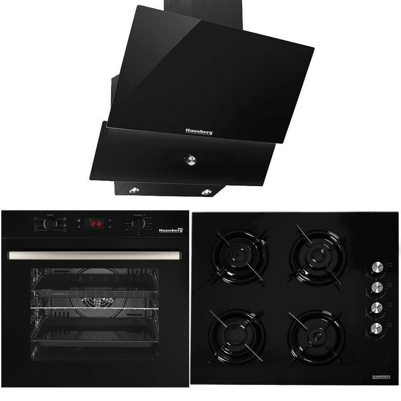 Pachet Incorporabil Cuptor electric Hausberg HB-8054- Clasa A- 71L- 2225W- Negru- Plita Incorporabila HB-563NG- 4 arzatoare- Gaz- Sticla- Negru- Hota Incorporabila decorativa HB-2285NG- 60 cm- Filtru aluminiu- Negru