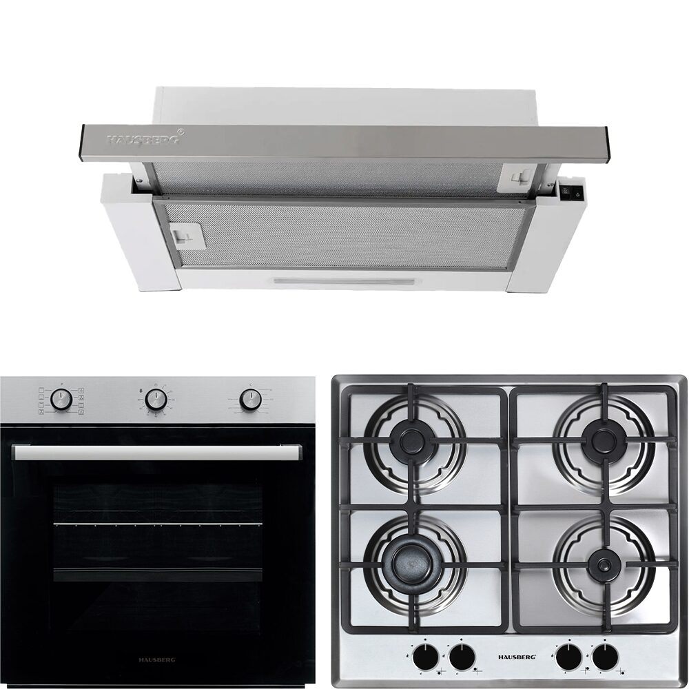 Pachet Cuptor electric Incorporabil Hausberg HB-8053IN- Clasa A- 71L- 2225W- Negru/Inox- Plita incorporabila HB-556IN- Gaz- 4 arzatoare- Gratar din fonta- Hota incorporabila telescopica HB-1285IN- Putere de absorbtie 420 m3/h- 2 motoare- 60 cm- Alb