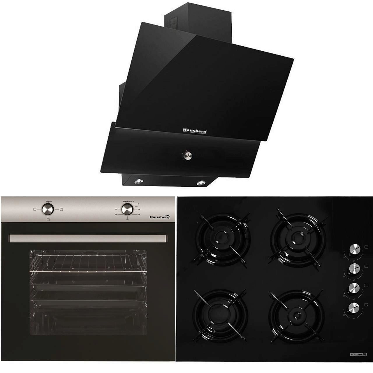 Pachet Cuptor Incorporabil Hausberg HB-8051IN- Electric- 76 l- 4 Functii- Clasa A + Plita incorporabila Hausberg HB-563- Gaz- 4 arzatoare- Negru + Hota Incorporabila decorativa Hausberg HB-2285NG- 60 cm- Filtru aluminiu- Negru