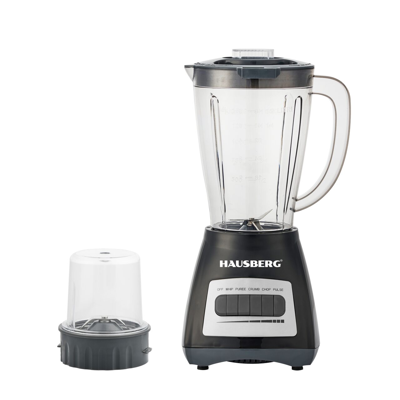 Blender cu rasnita HAUSBERG HB-7770NG, 500 W, 4 trepte de viteza, vas din plastic gradat de 1.5 litri, functie Pulse, lame din otel inoxidabil, sistem de siguranta