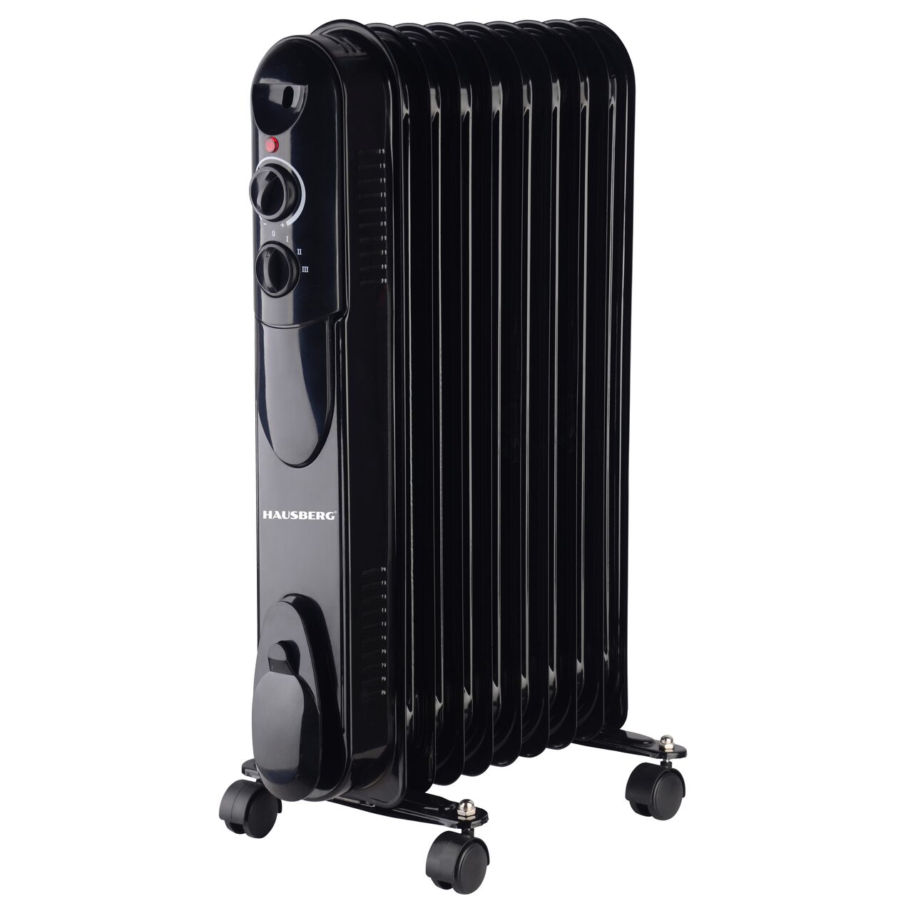 Calorifer electric cu ulei HAUSBERG HB-8915, 3 trepte, 800-1200-2000 W, 9 elementi 110 mm x 580 mm, termostat reglabil, maner si rotite pentru o deplasare facila, indicator luminos functionare