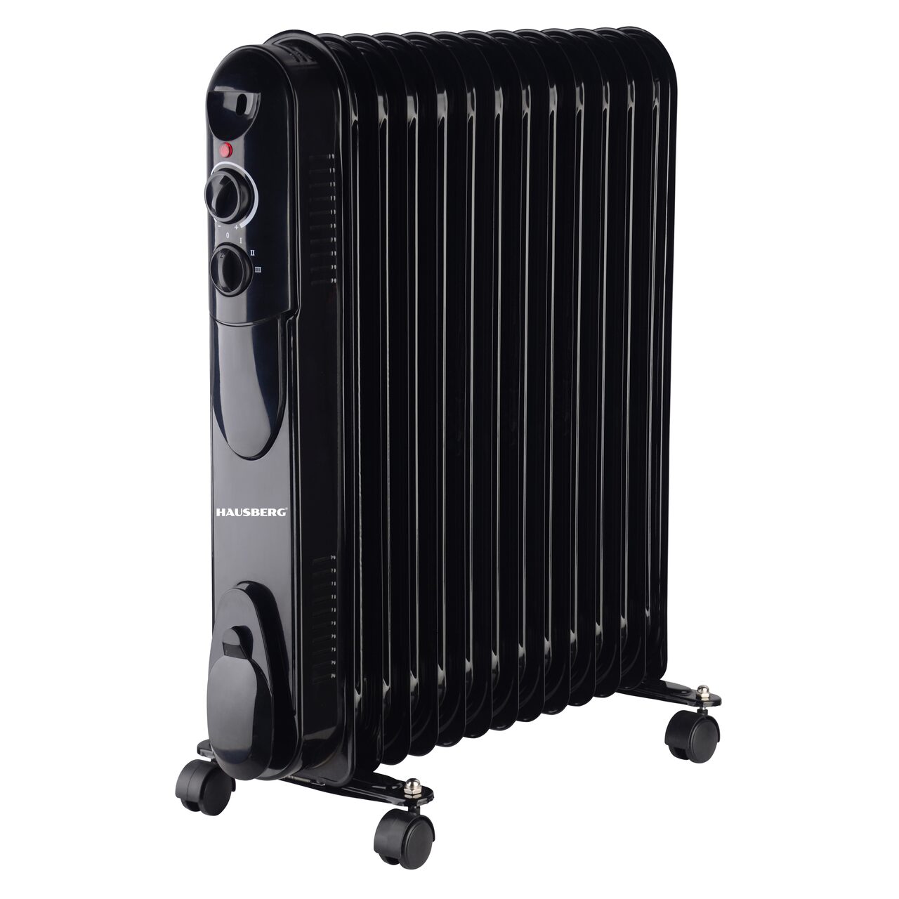 Calorifer electric cu ulei HAUSBERG HB-8935, 3 trepte, 1000-1500-2500 W, 13 elementi 110 mm x 580 mm, termostat reglabil, maner si rotite pentru o deplasare facila, indicator luminos functionare