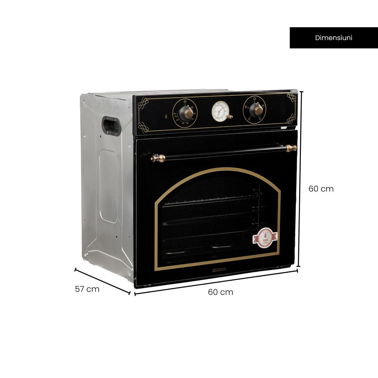 Cuptor incorporabil Hausberg HB-8055RST, Electric, Putere 2000 W, 57 l, 4 Functii, Ventilatie, Timer, Clasa A, Negru/Auriu
