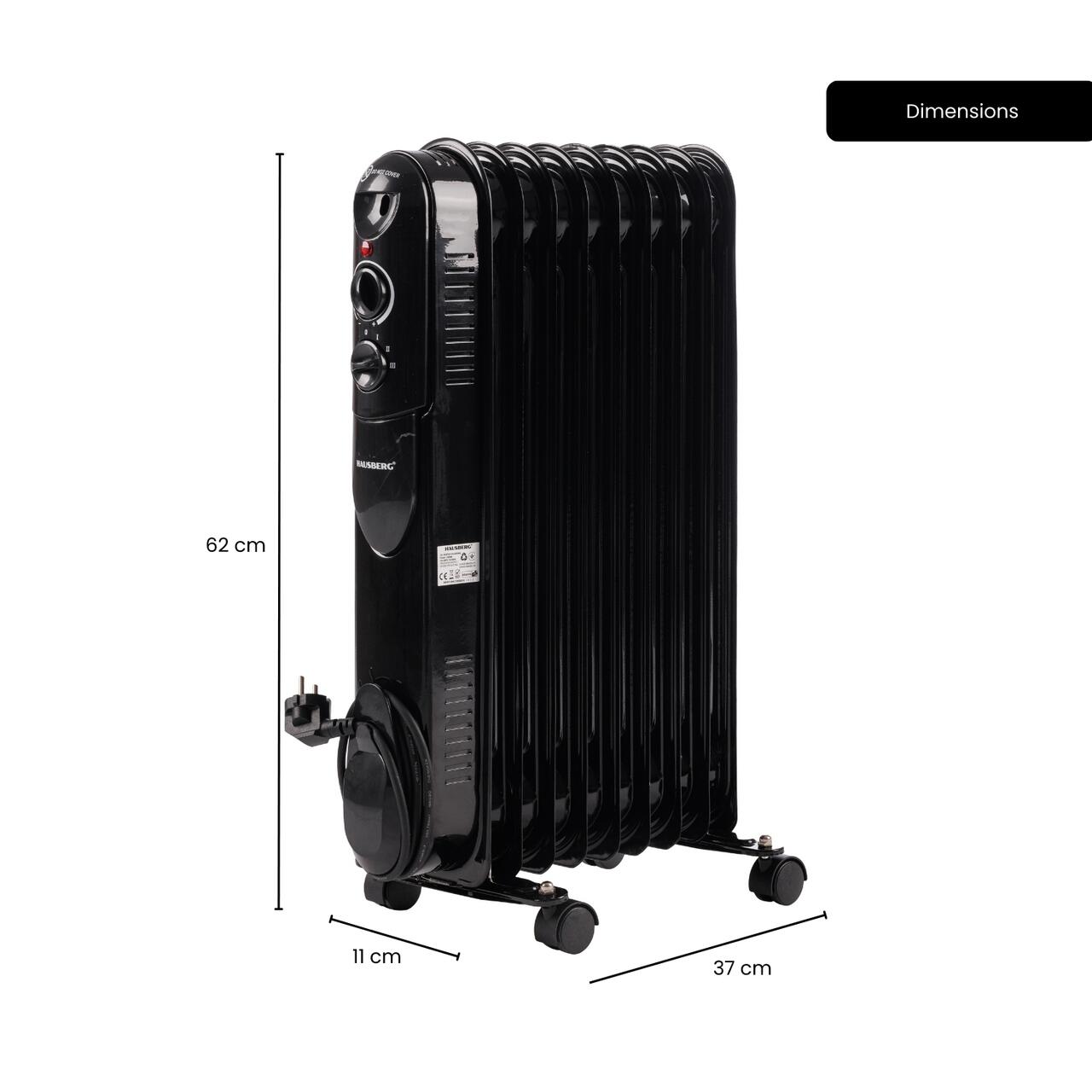 Calorifer electric cu ulei HAUSBERG HB-8915, 3 trepte, 800-1200-2000 W, 9 elementi 110 mm x 580 mm, termostat reglabil, maner si rotite pentru o deplasare facila, indicator luminos functionare