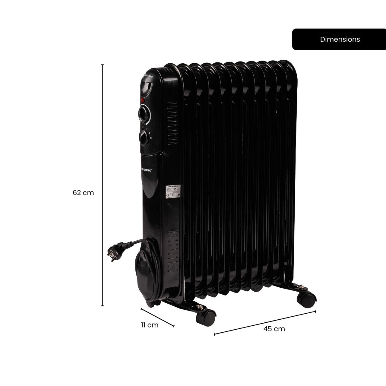 Calorifer electric cu ulei HAUSBERG HB-8925, 3 trepte, 1000-1500-2500 W, 11 elementi 110 mm x 580 mm, termostat reglabil, maner si rotite pentru o deplasare facila, indicator luminos functionare