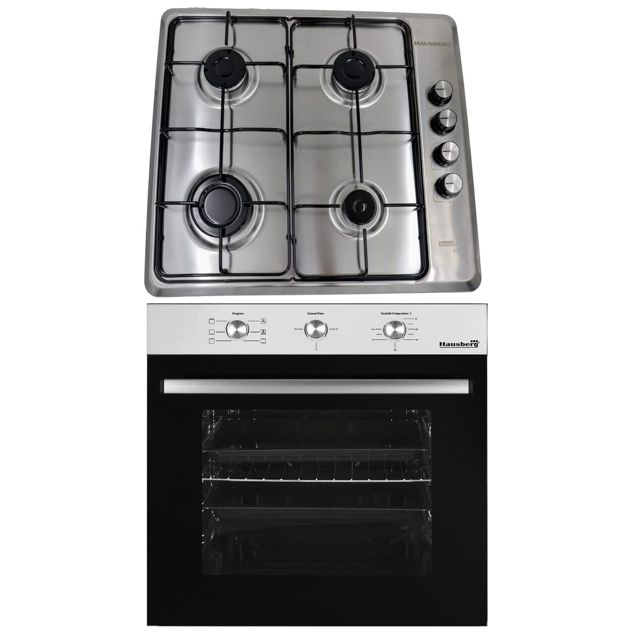Pachet incorporabil Hausberg Cuptor HB-8053IN- Electric- Putere 2225 W- 71 l- 6 Functii- Ventilatie- Timer- Clasa A- Plita incorporabila HAUSBERG HB-580IN- aprindere electrica- gaz- 4 arzatoare- sistem siguranta- Negru-Inox