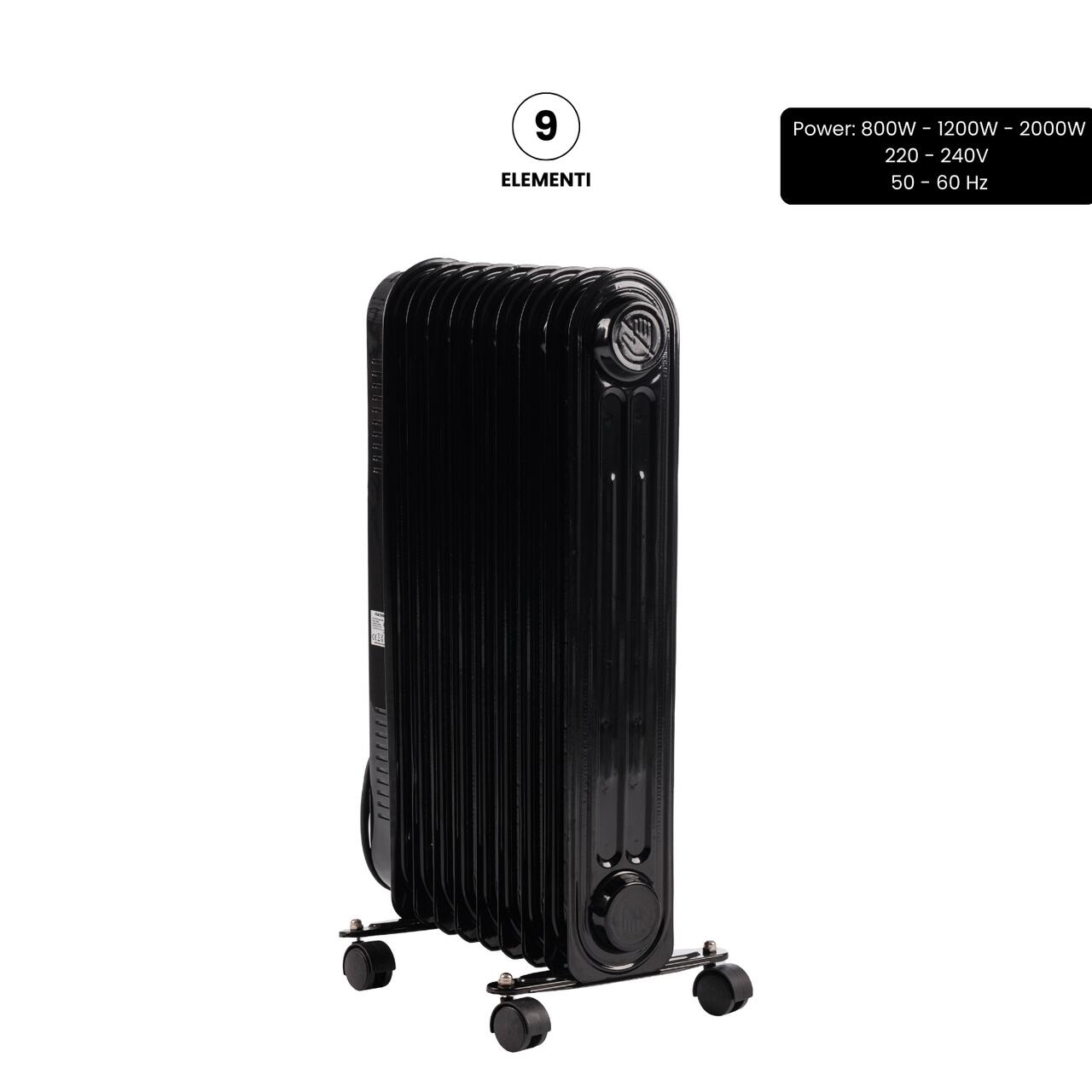 Calorifer electric cu ulei HAUSBERG HB-8915, 3 trepte, 800-1200-2000 W, 9 elementi 110 mm x 580 mm, termostat reglabil, maner si rotite pentru o deplasare facila, indicator luminos functionare