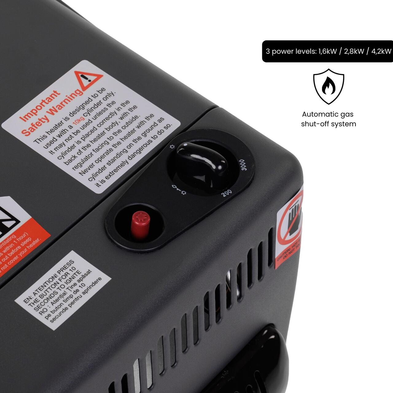 Mini Soba pe gaz GPL HAUSBERG HB-1023NG, aprindere piezo-electrica, 3 placi de incalzire ceramic putere totala 4.2kW, sistem de oprire automata a gazului