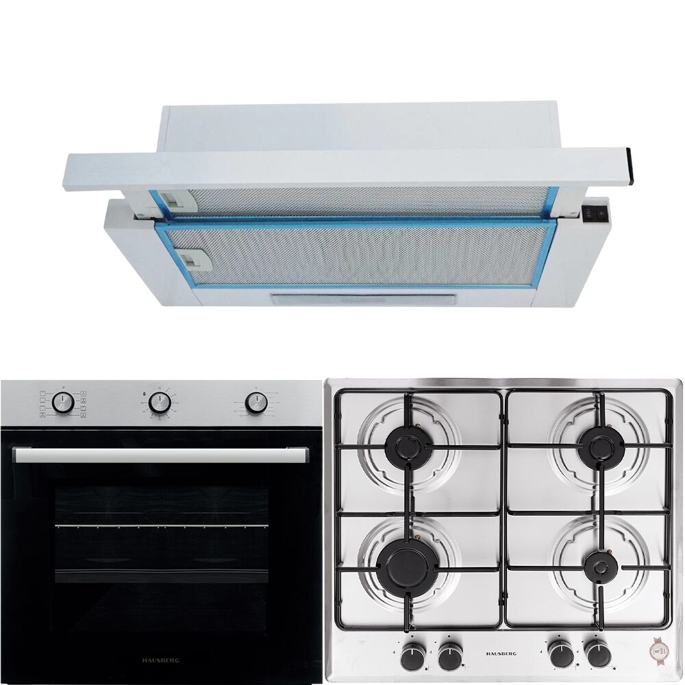 Pachet incorporabil Cuptor electric Hausberg HB-8053IN- Clasa A- 71L- 2225W- Negru/Inox- Plita Incorporabila HB-555- 4 arzatoare- Gaz- Inox- Hota incorporabila telescopica HB-1280- Putere de absorbtie 280 m3/h- 1 motor- 60 cm- Alb