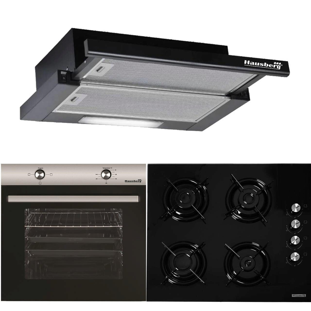 Pachet Incorporabil Hausberg Cuptor electric HB-8051IN- Clasa A- 76L- 2000W- Negru/Inox- Plita Incorporabila HB-563NG- 4 arzatoare- Gaz- Sticla- Negru- Hota incorporabila telescopica HB-1285NG- Putere de absorbtie 420 m3/h- 2 motoare