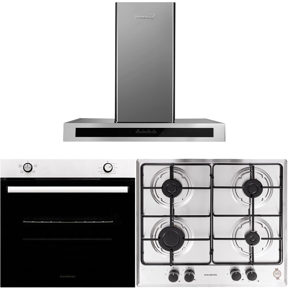Pachet Cuptor Incorporabil Hausberg HB-8051IN- Electric- 76 l- 4 Functii- Clasa A + Plita Incorporabila Hausberg HB-555- 4 arzatoare- Gaz- Inox + Hota incorporabila decorativa Hausberg HB-1380- 450 m3/h- 1 motor- Touch control- LED- Filtru aluminiu