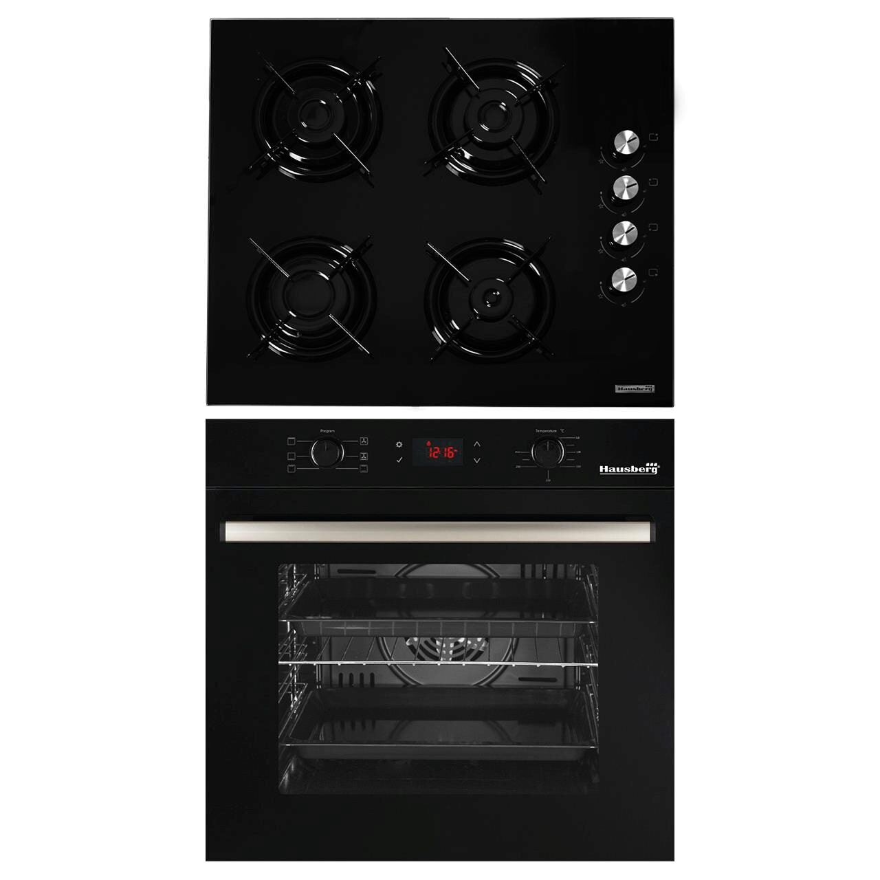 Pachet Incorporabil Cuptor electric Hausberg HB-8054NG- Clasa A- 71L- 2225W- Negru- Plita Incorporabila HB-563NG- 4 arzatoare- Gaz- Sticla- Negru
