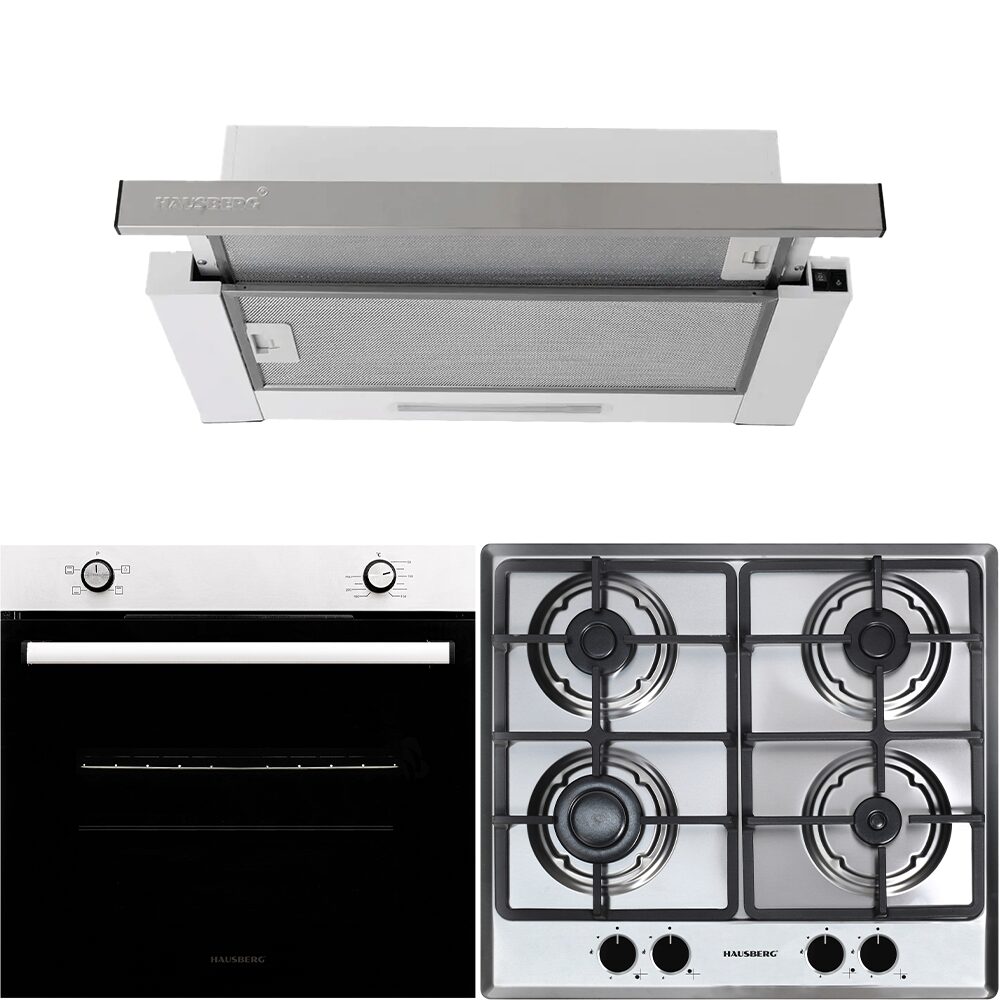 Pachet Incorporabil Cuptor electric Hausberg HB-8051IN- Clasa A- 76L- 2000W- Negru/Inox- Plita incorporabila HB-556IN- Gaz- 4 arzatoare- Gratar din fonta- Hota incorporabila telescopica HB-1285IN- Putere de absorbtie 420 m3/h- 2 motoare- 60 cm- Alb