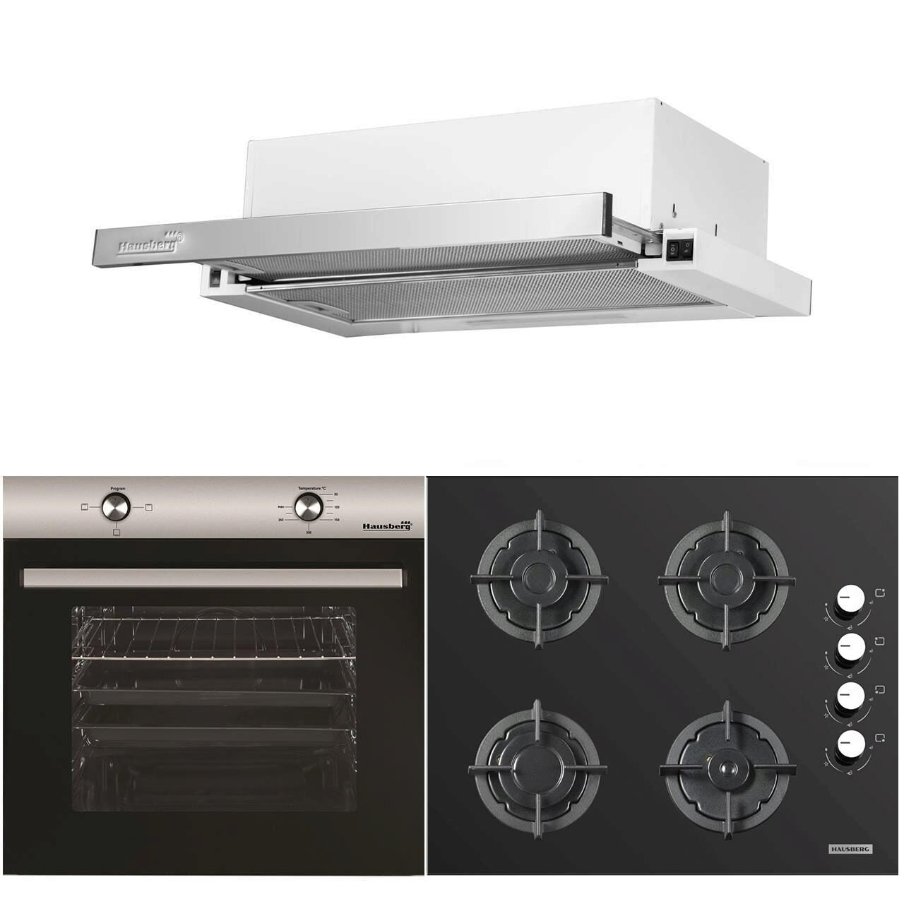 Pachet Incorporabil Cuptor electric Hausberg HB-8051IN- Clasa A- 76L- 2000W- Negru/Inox- Plita incorporabila HB-567NG- Gaz- 4 arzatoare- fonta- Sticla- Hota incorporabila telescopica HB-1285IN- Putere de absorbtie 420 m3/h- 2 motoare- 60 cm- Alb