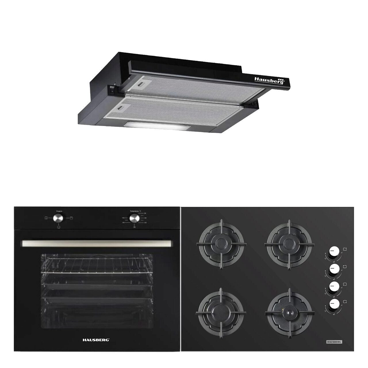 Pachet incorporabil HAUSBERG Cuptor HB-8051NG- Electric- 2000 W- 76 l- 4 Functii- Clasa A- Plita HB-567NG- Gaz- 4 arzatoare- Sistem de siguranta GAZ- Gratar din fonta- Sticla- Hota telescopica HB-1285NG- 420 m3/h- 2 motoare- 60 cm- Negru