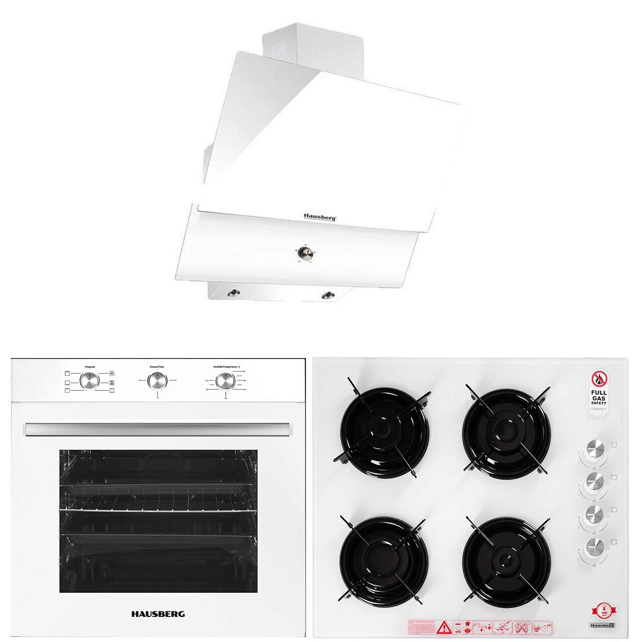 Pachet incorporabil Hausberg HB-8053AB- Electric- Putere 2225 W- 71 l- 6 Functii- Ventilatie- Timer- Clasa A- Plita HB-563AB- Gaz- 4 arzatoare- Hota decorativa HB-2285AB- 60 cm- Filtru aluminiu- Alb