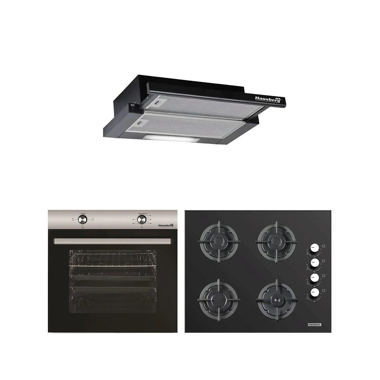 Pachet incorporabil Hausberg cuptor HB-8051IN- electric- 2000 W- 76 l- 4 functii- plita HB-567NG- aprindere electrica- gaz- 4 arzatoare- sistem de siguranta- din fonta- sticla- hota telescopica HB-1285NG- 420 m3/h- 2 motoare- 60 cm- Clasa A- Negru