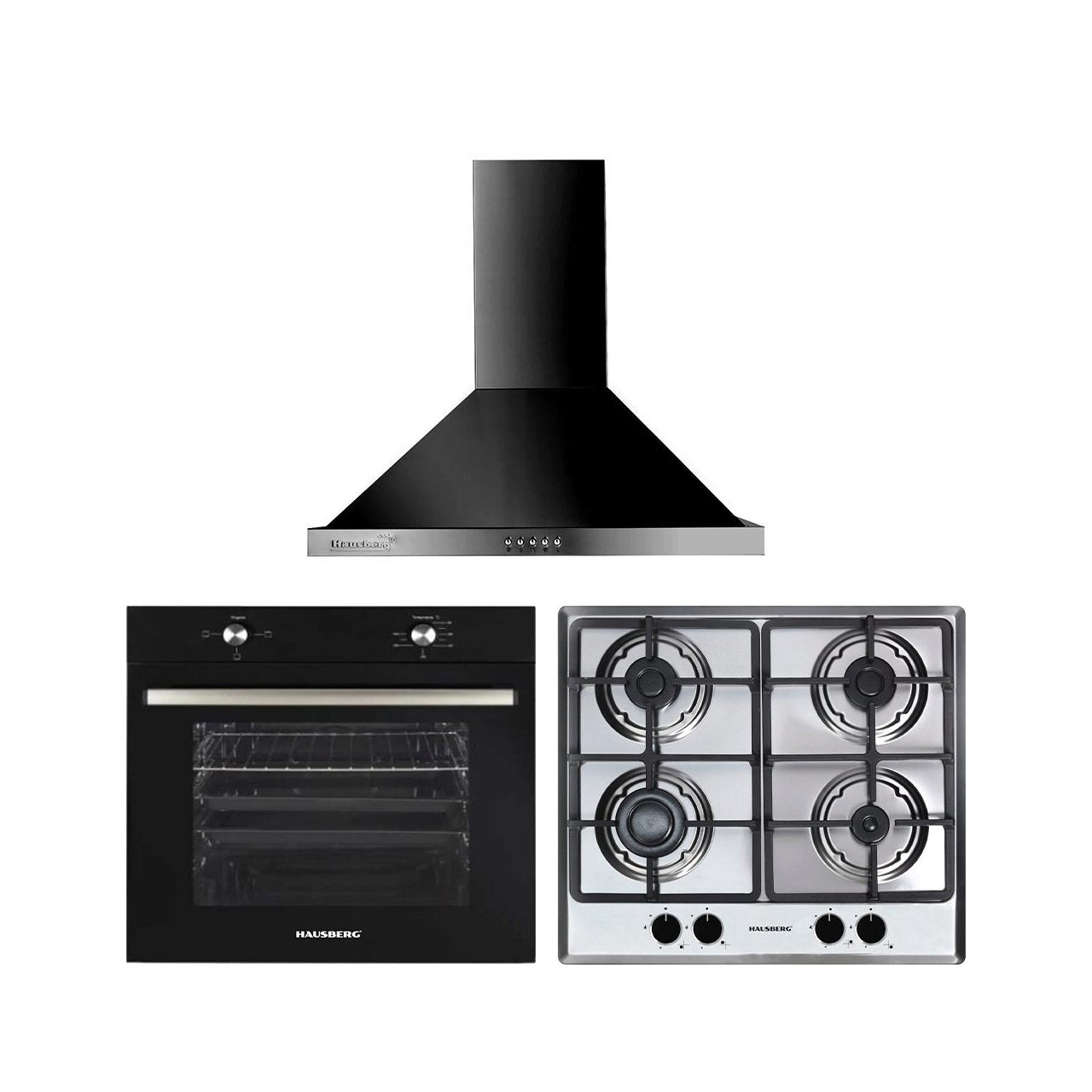 Pachet incorporabil Hausberg HB-8051NG- electric- 2000 W- 76 l- 4 functii- plita HB-555- aprindere electrica- gaz- 4 arzatoare- sistem siguranta- hota decorativa HB-1260NG- 400 m3/h- 1 motor- 60 cm- Clasa A- Negru