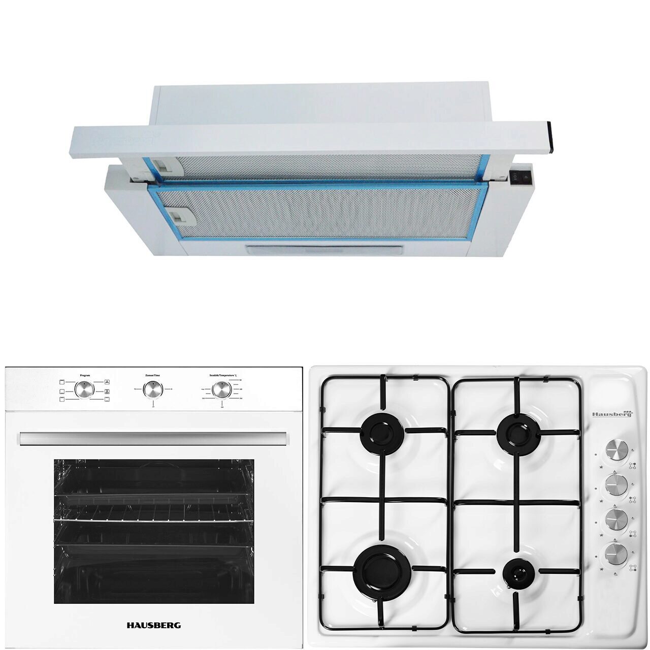 Pachet incorporabil Hausberg HB-8053AB- Electric- Putere 2225 W- 71 l- 6 Functii- Ventilatie- Timer- Clasa A- Plita incorporabila HB-561- Gaz- 4 arzatoare- Hota telescopica HB-1280- Putere de absorbtie 280m3/h- 1 motor- 60 cm- Alb