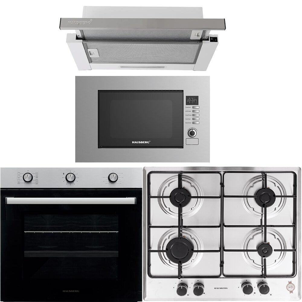 Pachet incorporabil HAUSBERG cuptor electric HB-8053IN- 2225W- 6 Functii- 71L- plita gaz HB-555- 4 arzatoare- aprindere electrica- hota telescopic HB-1285IN- absorbtie 420 m3/h- 2 motoare- 60cm- cuptor microunde HB-8065IN- 1200W- 20L- Inox
