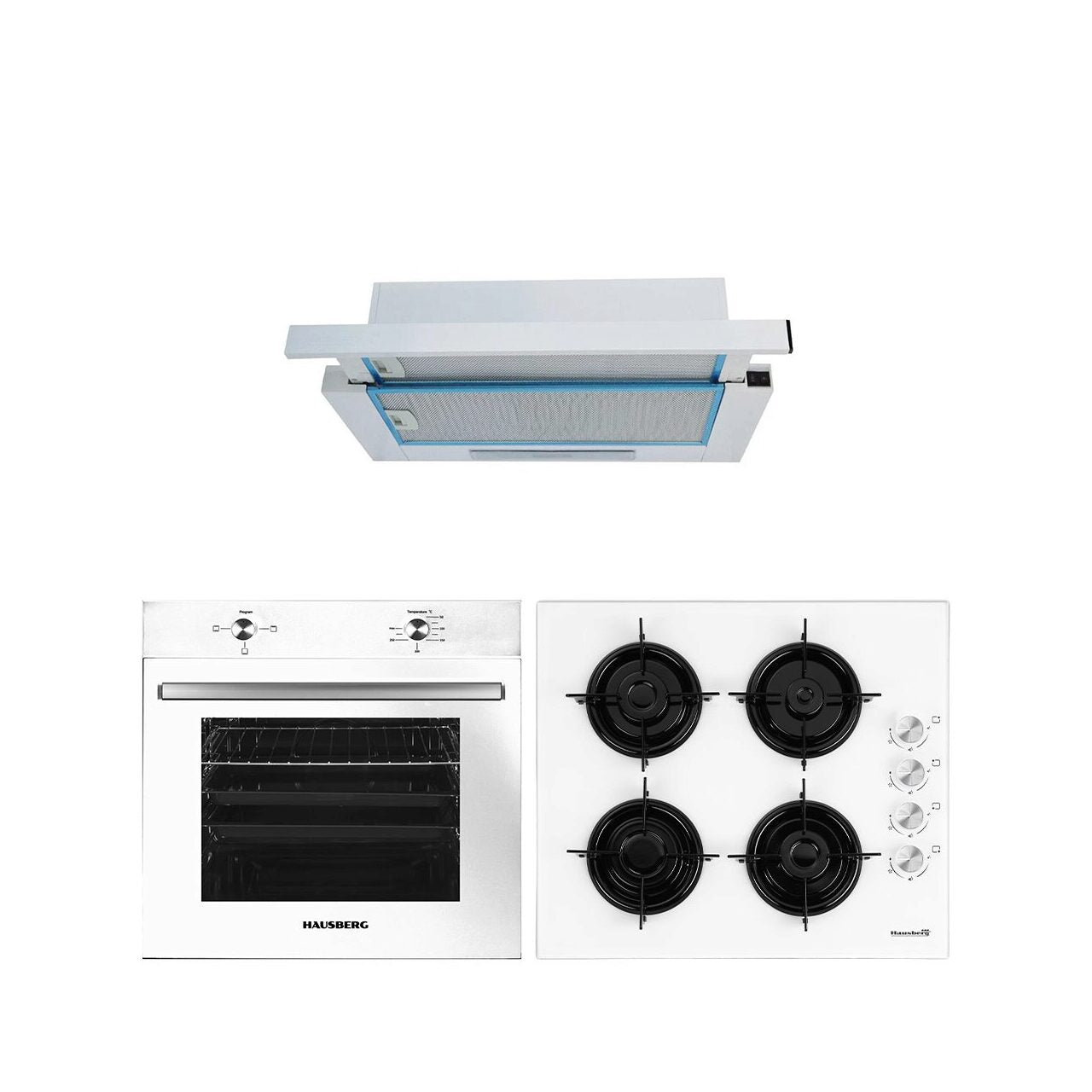 Pachet incorporabil Hausberg cuptor electric HB-8051AB- 2000 W- 76 l- 4 Functii- plita HB-563- gaz- 4 arzatoare- hota telescopica HB-1280- absorbtie 280m3/h- 1 motor- 60 cm- Clasa A- Alb