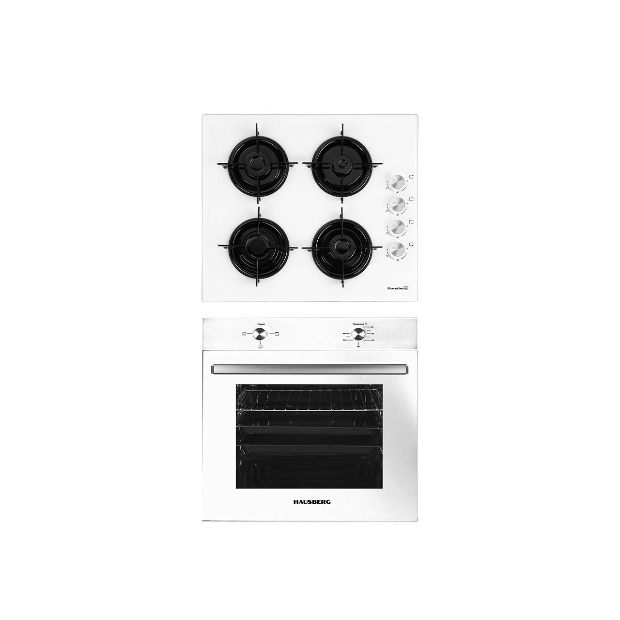 Pachet incorporabil HAUSBERG cuptor electric HB-8051AB- putere 2000 W- 76 l- 4 functii- plita HB-563- Gaz- 4 arzatoare- aprindere electrica- Clasa A- Alb