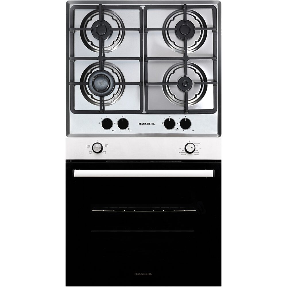 Pachet incorporabil Hausberg cuptor electric HB-8051IN- Putere 2000 W- 76 l- 4 Functii- Plita incorporabila Hausberg HB-556IN- Gaz- 4 arzatoare- Sistem siguranta GAZ- Gratar din fonta- Clasa A- Negru/Inox