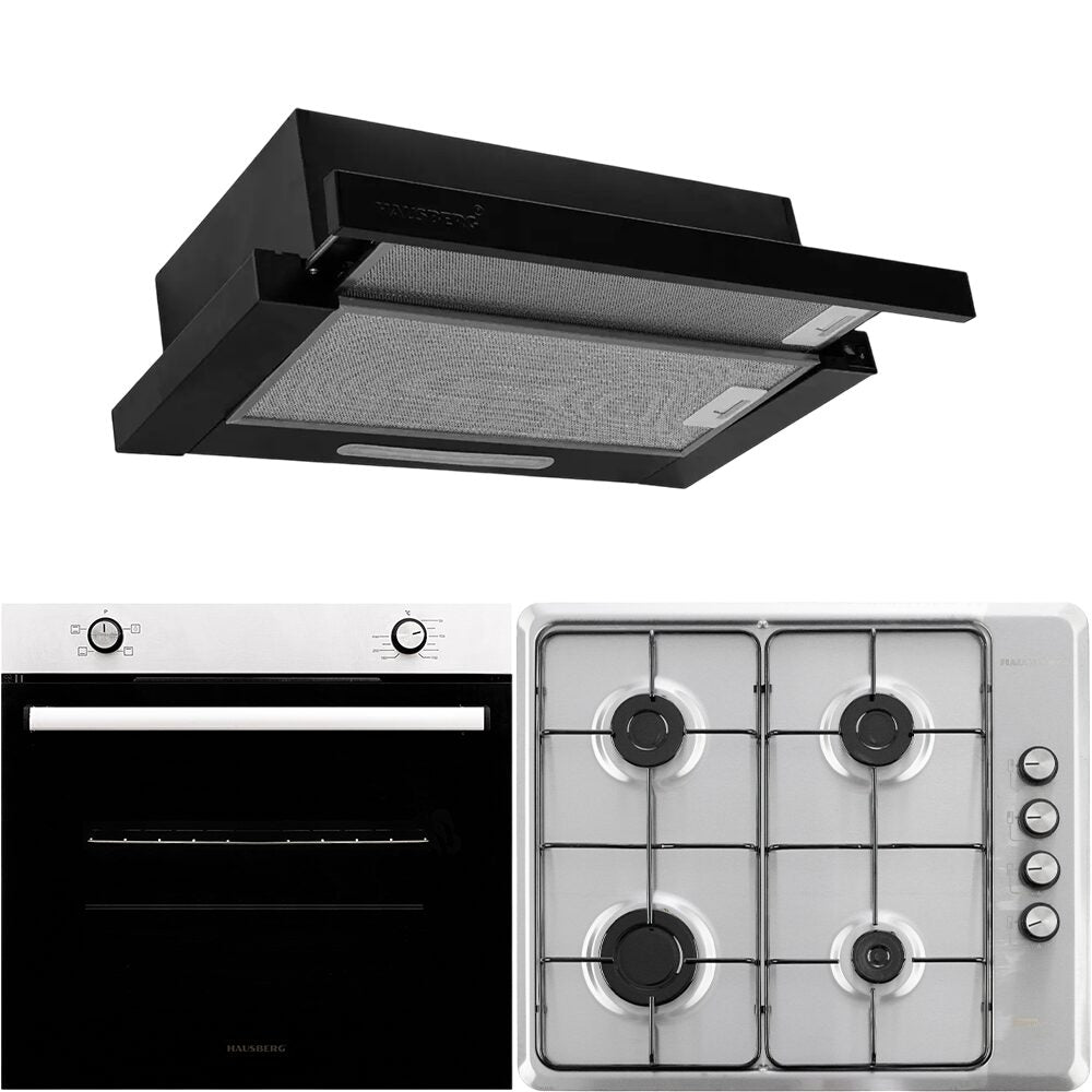 Pachet Cuptor incorporabil Hausberg HB-8051IN- Electric- Putere 2000 W- 76 l- 4 Functii- Clasa A- Plita HB-580IN- aprindere electrica- gaz- 4 arzatoare- sistem siguranta- Hota telescopica HB-1285NG- absorbtie 420 m3/h- 2 motoare- 60 cm- Negru-Inox