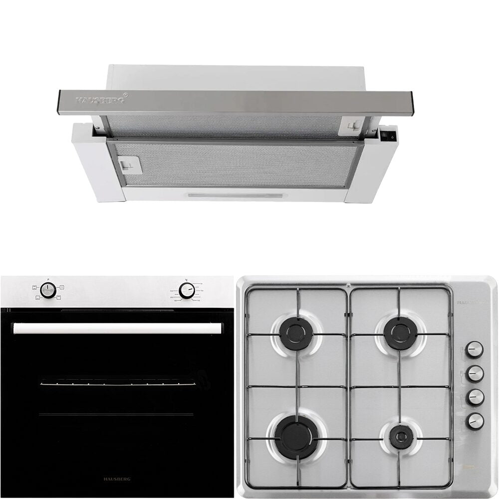 Pachet Cuptor incorporabil Hausberg HB-8051IN- Electric- Putere 2000 W- 76 l- 4 Functii- Clasa A- Plita HB-580IN- aprindere electrica- gaz- 4 arzatoare- sistem siguranta- Hota telescopica HB-1285IN- absorbtie 420 m3/h- 2 motoare- 60 cm- Negru-Inox