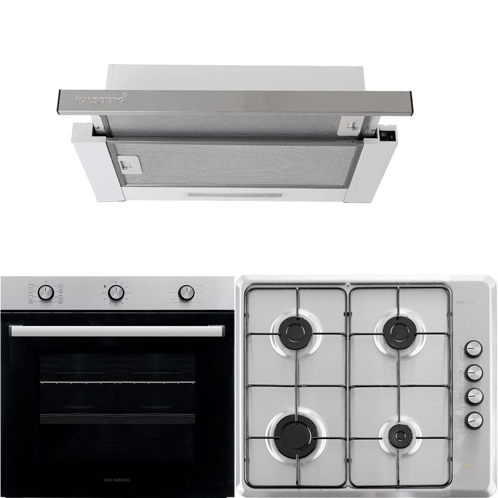 Pachet incorporabil Hausberg Cuptor HB-8053IN, Electric, 2225W, 71L, 6 Functii, Ventilatie, Timer, Clasa A, Plita HB-580IN, aprindere electrica, gaz, 4 arzatoare, siguranta, Hota HB-1285IN, 420 m3/h, 2 motoare, 60 cm
