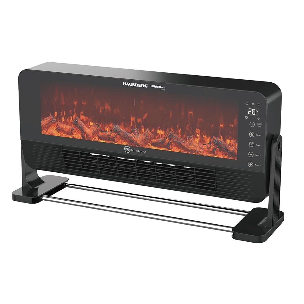 Semineu electric cu Ventilator HAUSBERG HB-8216NG, Telecomanda, 2000W, 2 setari incalzire, incalzire ceramic PTC cu efect de flacara, Termostat 15-35 grade C, protective IP24