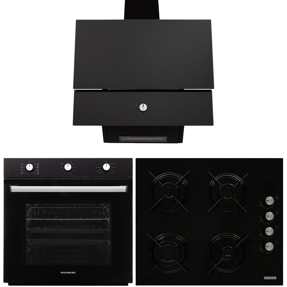 Pachet incorporabil Hausberg Cuptor HB-8053NG- Electric- Putere 2225 W- 71 l- 6 Functii- Ventilatie- Timer- Plita HB-563NG- 4 arzatoare gaz- Hota decorative HB-2285NG- 163W- Filtru aluminiu- 650 m3/h- 60cm- Negru