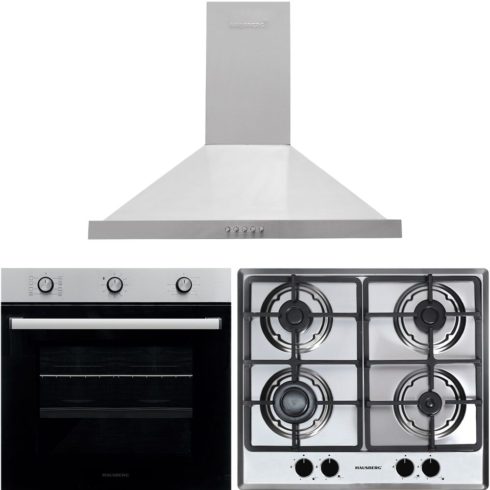 Pachet incorporabil Hausberg Cuptor HB-8053IN- Electric- Putere 2225 W- 71 l- 6 Functii- Ventilatie- Timer- Plita incorporabila HB-556IN- Gaz- 4 arzatoare- Sistem siguranta GAZ- fonta- Hota decorativa HB-1260- absorbtie 450 m3/h- 1 motor- 60 cm- Inox