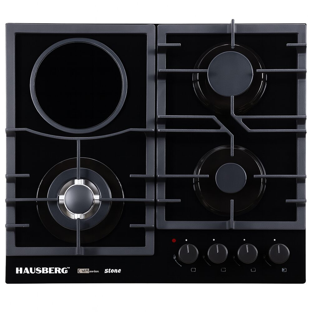 Plita incorporabila mixta HAUSBERG HB-1538, 3 arzatoare gaz + 1 zona vitroceramica, 600 mm, sticla neagra, control metalic, siguranta gaz, suport fonta