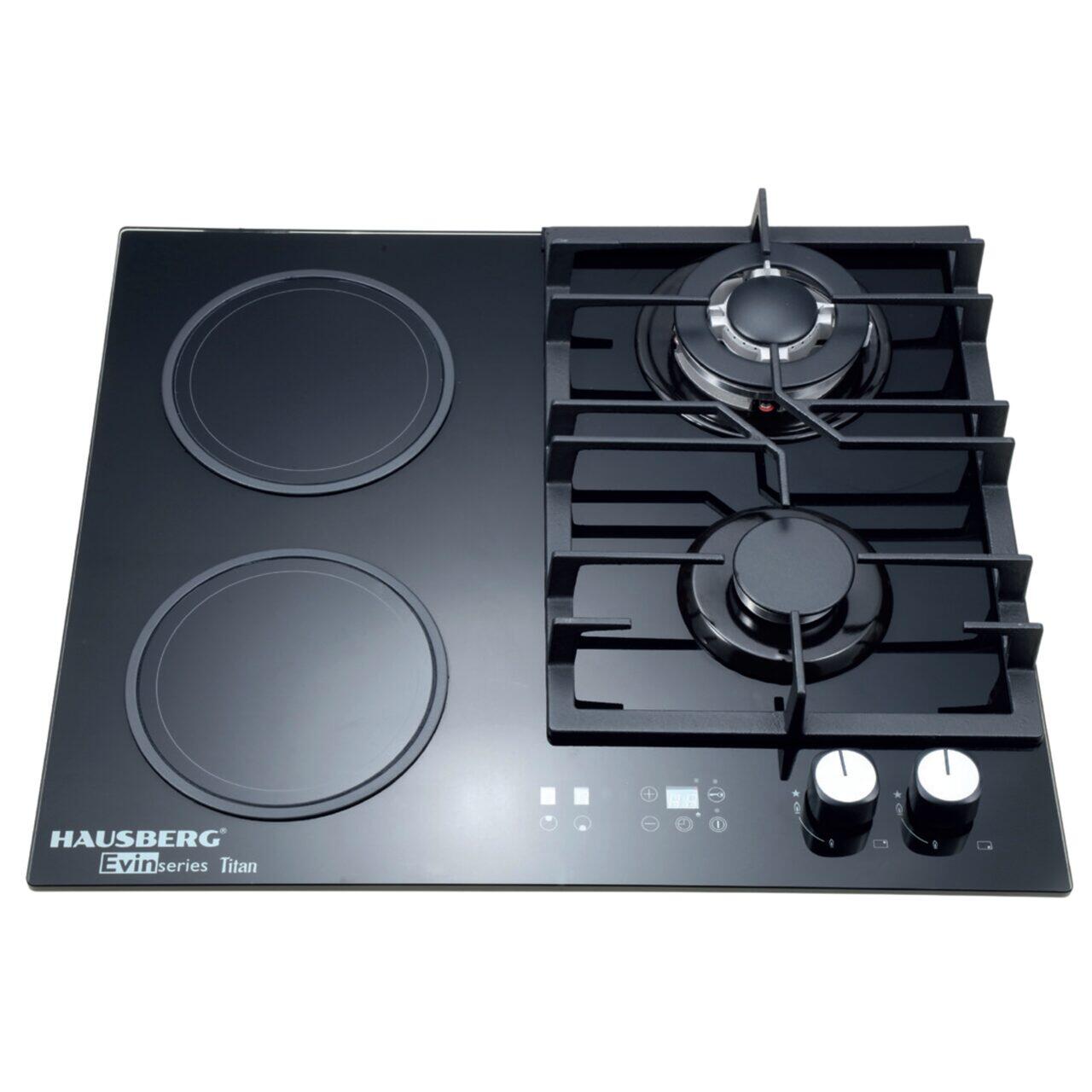 Plita incorporabila mixta HAUSBERG HB-1539, 2 arzatoare gaz + 2 zone vitroceramice, 600 mm, sticla neagra, control touch, aprindere electrica, siguranta gaz, suport fonta