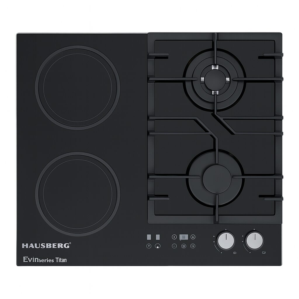 Plita incorporabila mixta HAUSBERG HB-1539, 2 arzatoare gaz + 2 zone vitroceramice, 600 mm, sticla neagra, control touch, aprindere electrica, siguranta gaz, suport fonta