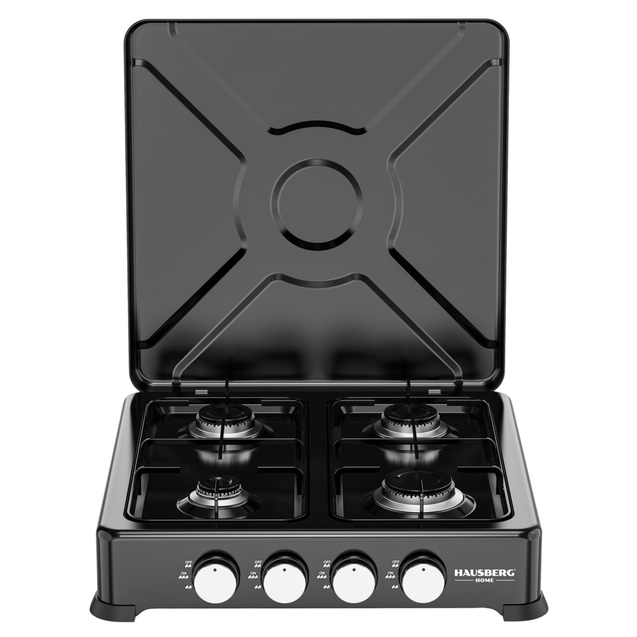 Aragaz portabil Minigaz 4 arzătoare Hausberg HB-H404NG, 2.2kW + 2×1.5kW + 1kW, arzatoare aluminiu, supape CE, corp metalic
